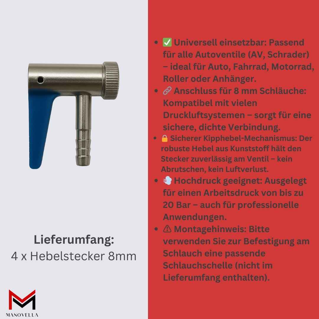 4x Hebelstecker 8 mm für Kompressor – Reifenfüller Adapter für Autoventil AV Schrader