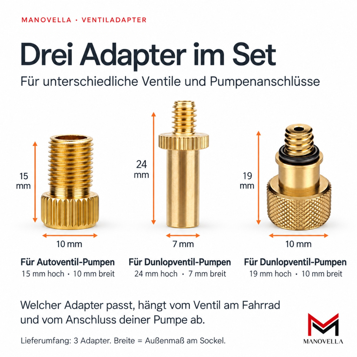 Ventiladapter Fahrrad 3er/6er Set – Presta, Dunlop & Schrader | Manovella
