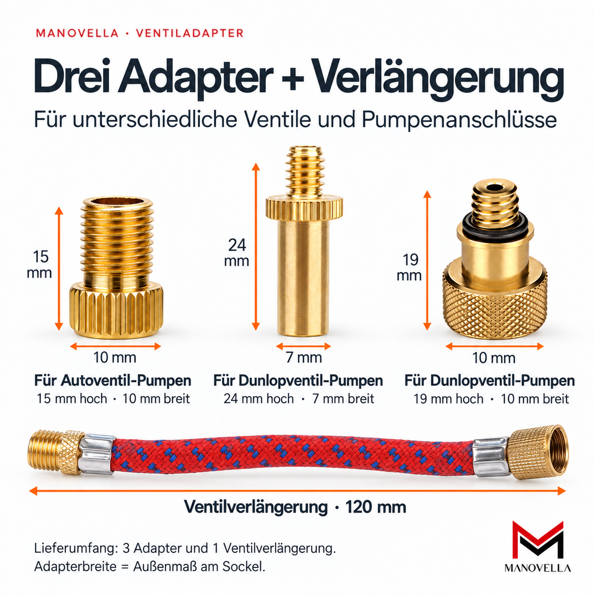 Fahrrad Ventiladapter Set – Schrader / Sclaverand / Dunlop – 4-teilig mit Verlängerung
