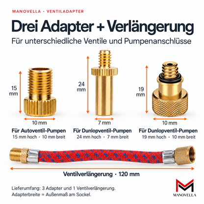 Fahrrad Ventiladapter Set – Schrader / Sclaverand / Dunlop – 4-teilig mit Verlängerung