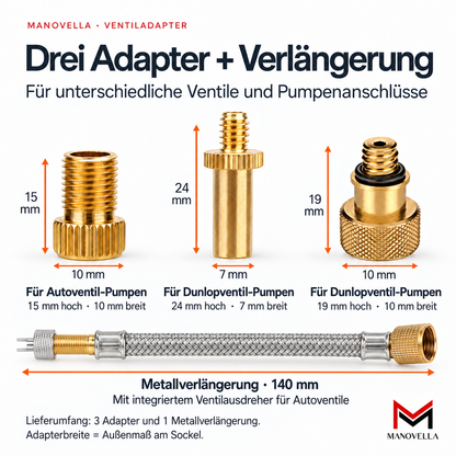 Fahrrad Ventiladapter Set – 140 mm Metallverlängerung mit Ventilausdreherkappe