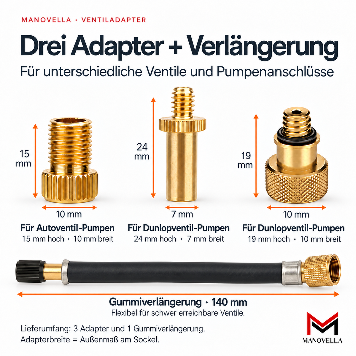 Manovella Ventiladapter Set mit 140mm Verlängerung – AV DV SV Universal
