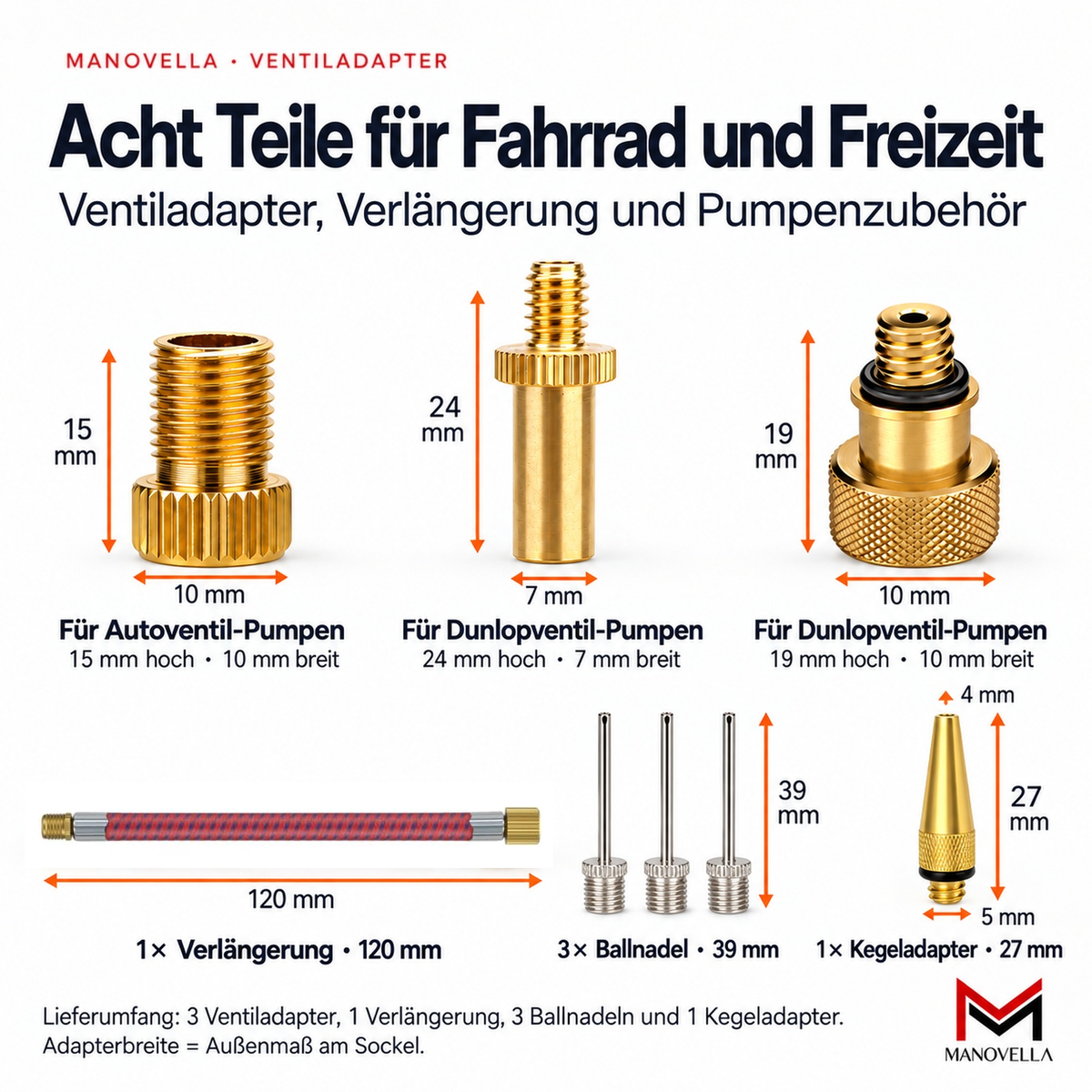 Universal Ventiladapter Set 8-teilig – Fahrrad, Auto, Ball & Matratze | Manovella