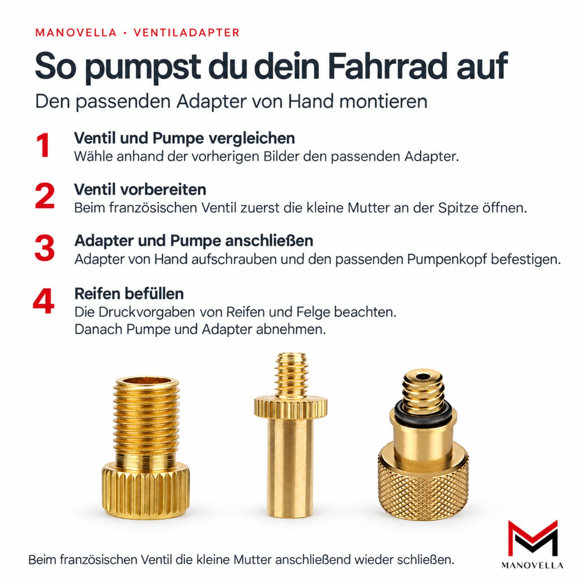 Ventiladapter Fahrrad 3er/6er Set – Presta, Dunlop & Schrader | Manovella