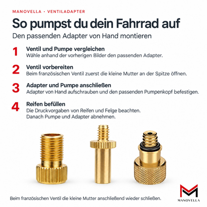 Ventiladapter Fahrrad 3er/6er Set – Presta, Dunlop & Schrader | Manovella