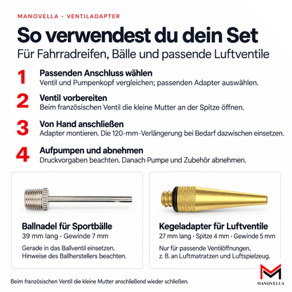 Universal Ventiladapter Set 8-teilig – Fahrrad, Auto, Ball & Matratze | Manovella