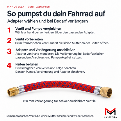 Fahrrad Ventiladapter Set – Schrader / Sclaverand / Dunlop – 4-teilig mit Verlängerung