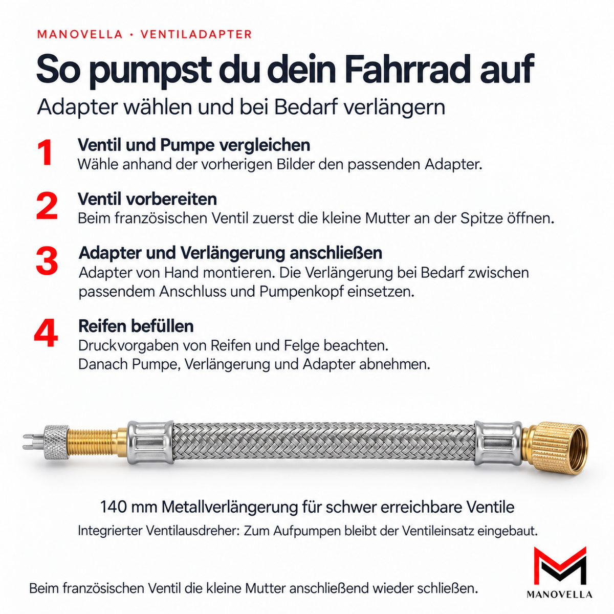 Fahrrad Ventiladapter Set – 140 mm Metallverlängerung mit Ventilausdreherkappe