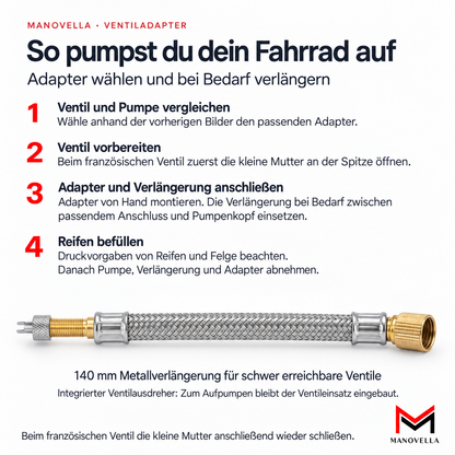 Fahrrad Ventiladapter Set – 140 mm Metallverlängerung mit Ventilausdreherkappe