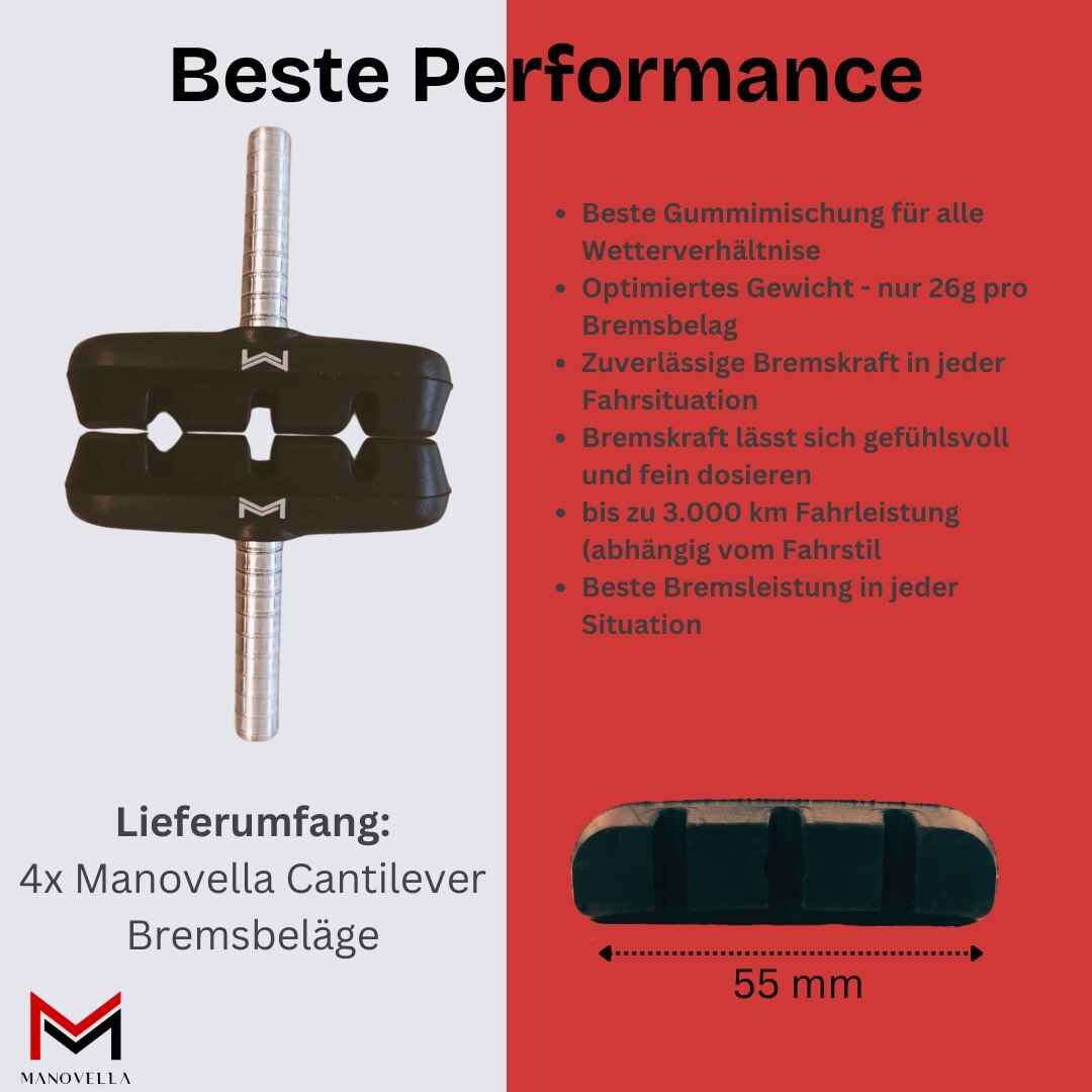 4x Fahrrad Cantilever Bremsbeläge 55mm – Bremsschuhe für Shimano, SRAM, Tektro & mehr