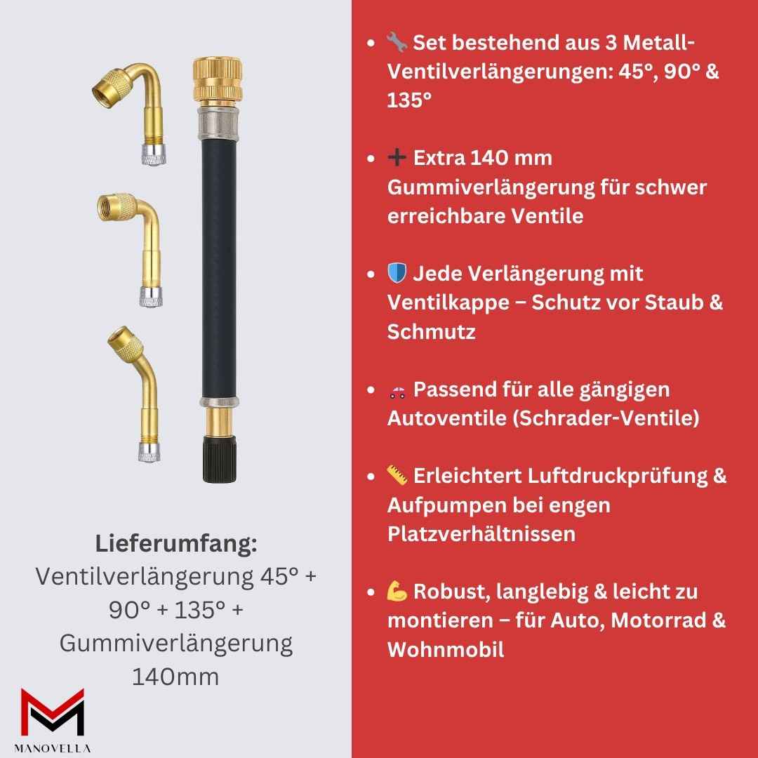 Ventilverlängerung Set 45° 90° 135° + 140mm Gummiverlängerung