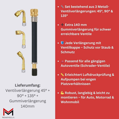 Ventilverlängerung Set 45° 90° 135° + 140mm Gummiverlängerung