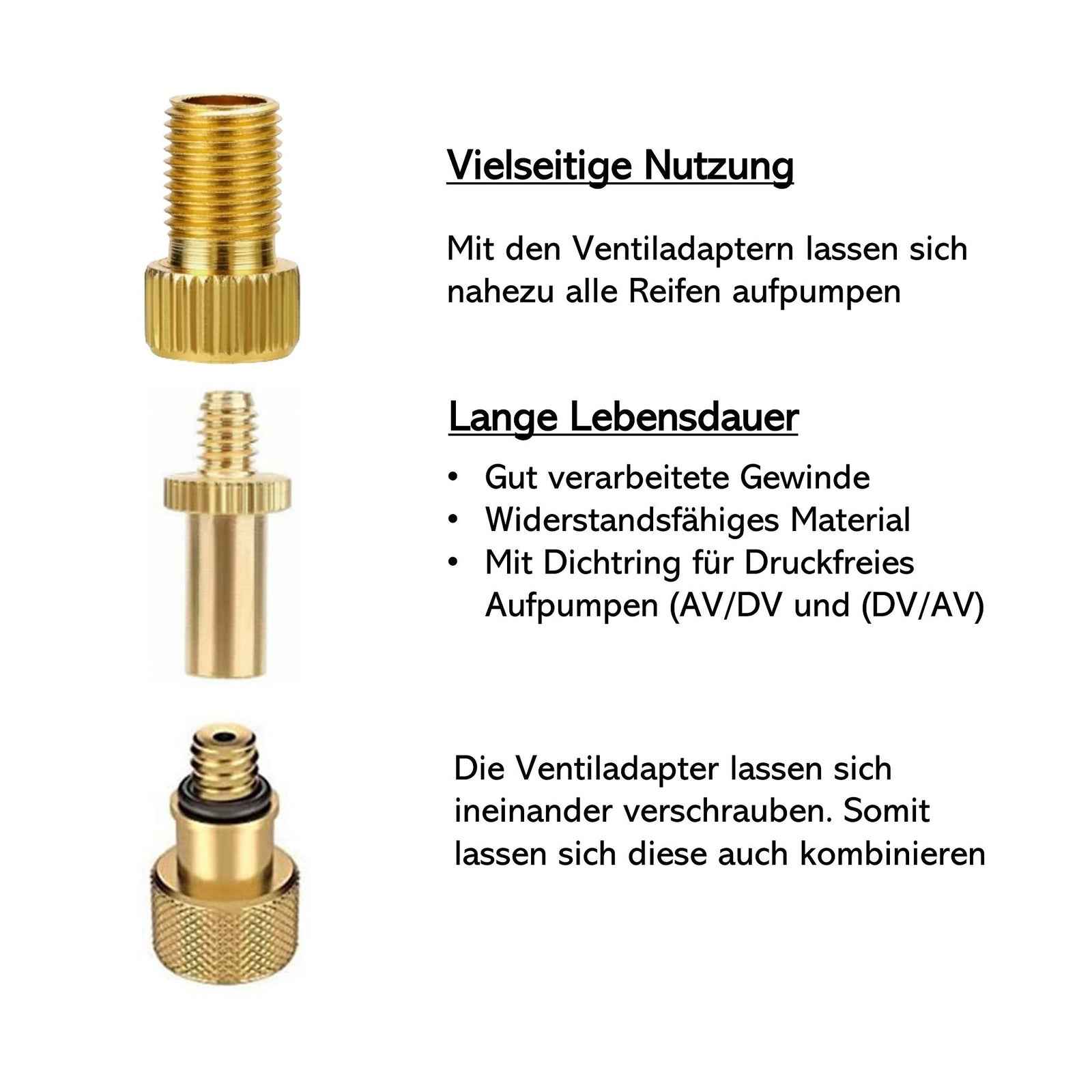 Fahrrad Ventiladapter Set – Schrader / Sclaverand / Dunlop – 4-teilig mit Verlängerung