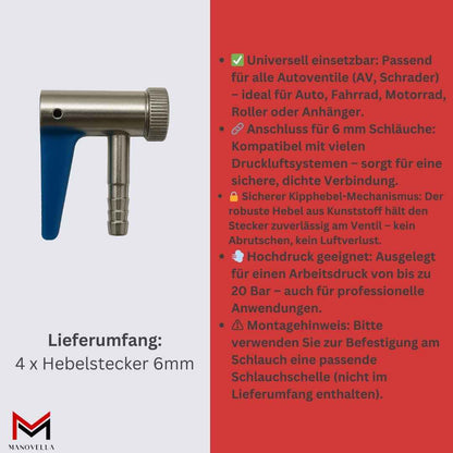 4x Hebelstecker 6 mm für Kompressor – Reifenfüller Adapter für Autoventil AV Schrader