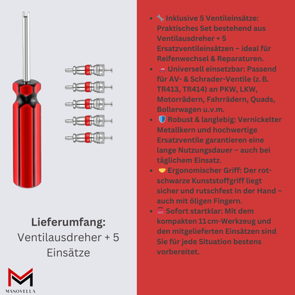 Ventilausdreher-Set mit 5 Ventileinsätzen – für AV & Schrader