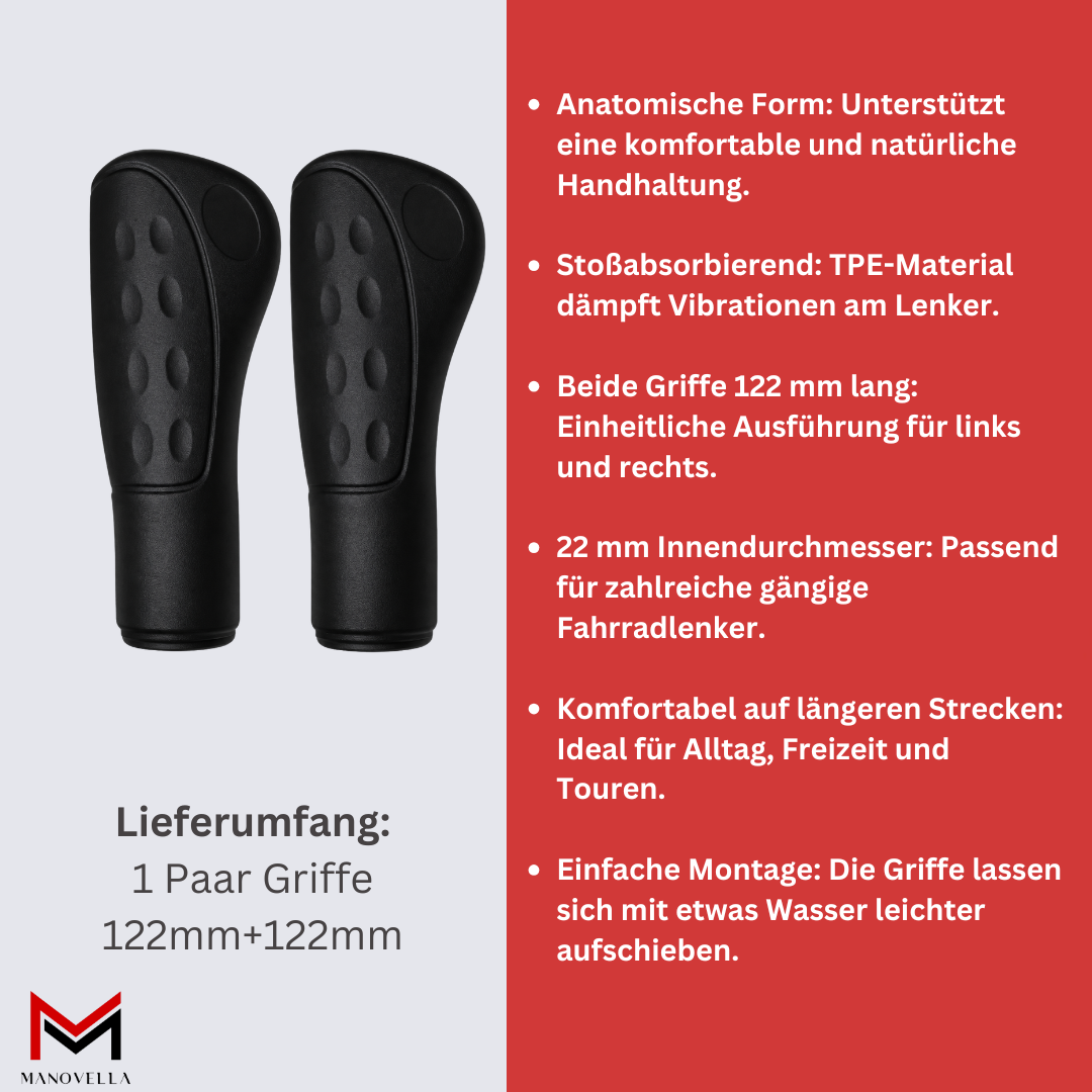 Fahrradgriffe anatomisch 122 mm – Ø 22 mm Schwarz – Griffpaar mit Lieferumfang und Eigenschaften
