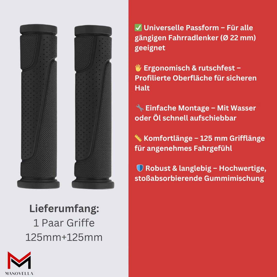 Fahrradgriffe Gummi 125 mm – Ø 22 mm Schwarz – Griffpaar mit Lieferumfang und Eigenschaften