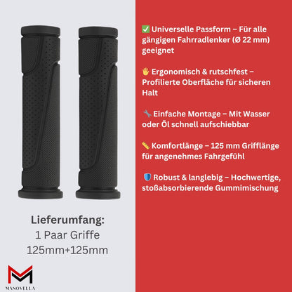 Fahrradgriffe Gummi 125 mm – Ø 22 mm Schwarz – Griffpaar mit Lieferumfang und Eigenschaften