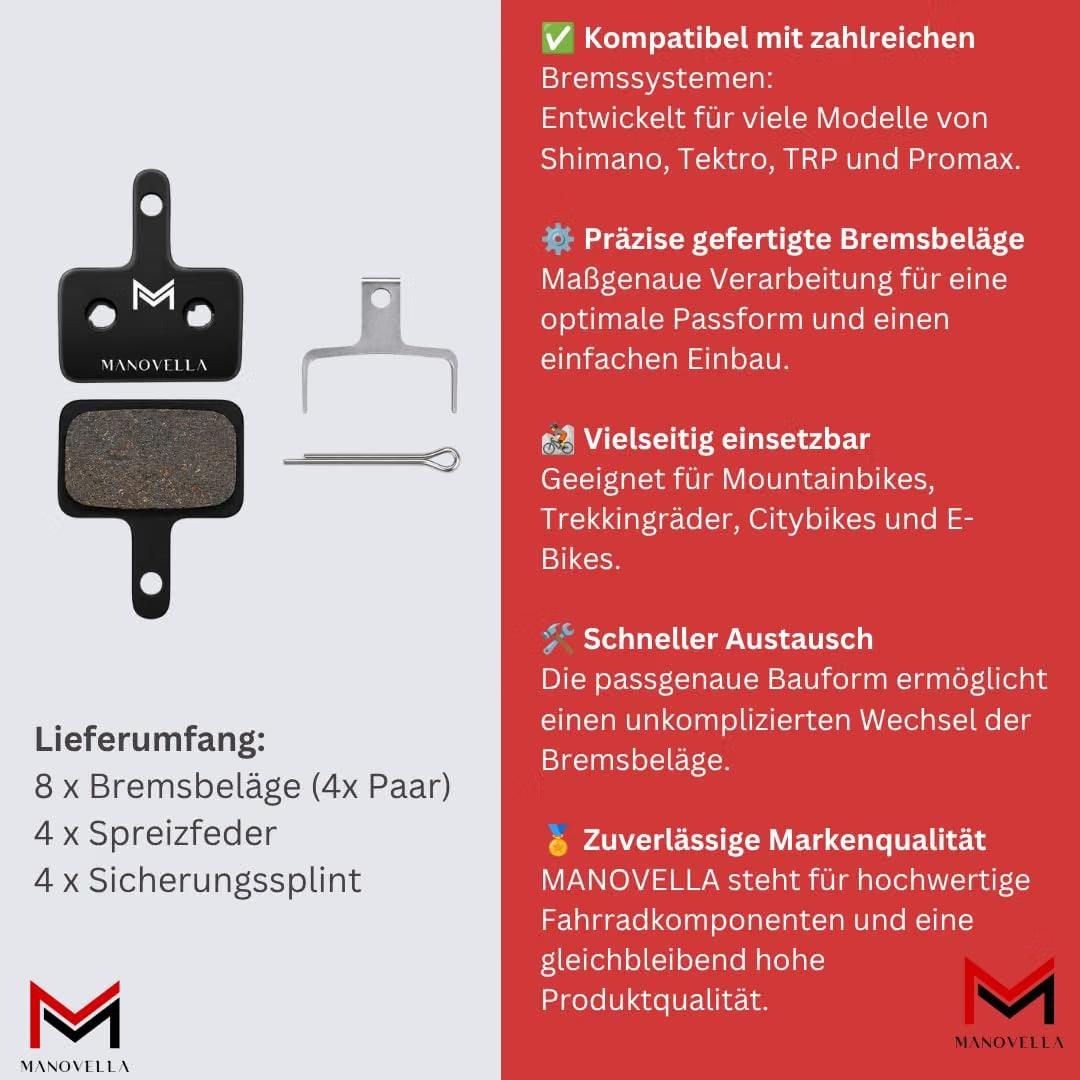 Bremsbeläge kompatibel mit Shimano B05S/B01S – Lieferumfang mit Spreizfeder und Sicherungssplint