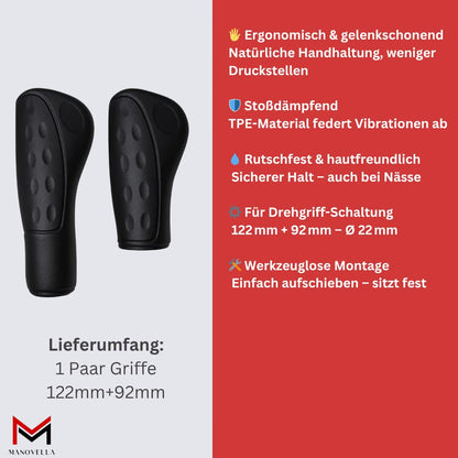 Fahrradgriffe Drehgriff 122/92 mm – Schwarz – Griffpaar mit Lieferumfang und Eigenschaften