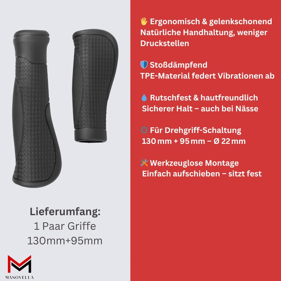 Fahrradgriffe Drehgriff 130/95 mm – Schwarz – Griffpaar mit Lieferumfang und Produkteigenschaften