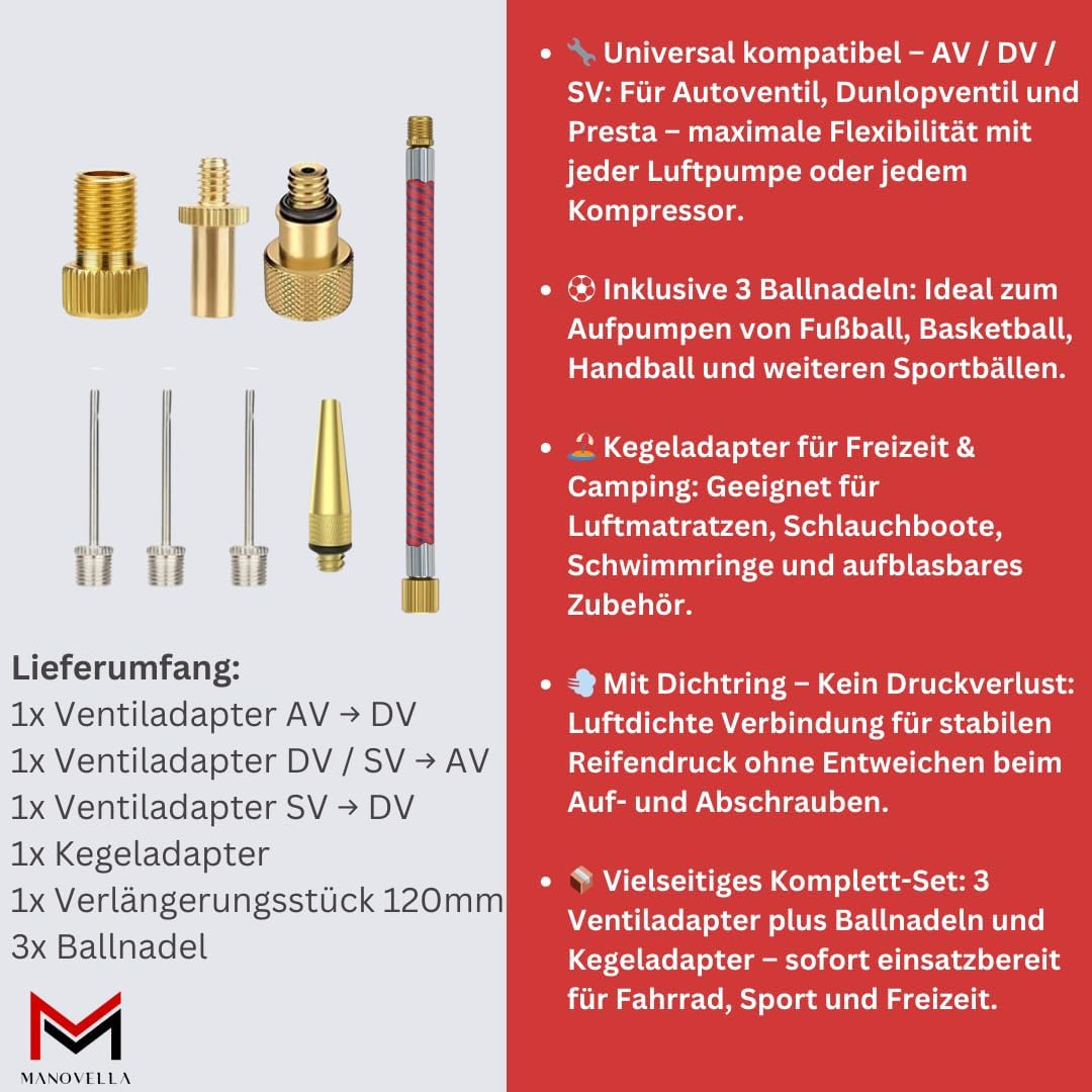 Universal Ventiladapter Set 8-teilig – Fahrrad, Auto, Ball & Matratze | Manovella