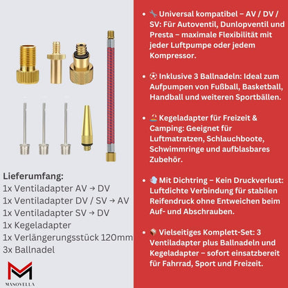 Universal Ventiladapter Set 8-teilig – Fahrrad, Auto, Ball & Matratze | Manovella