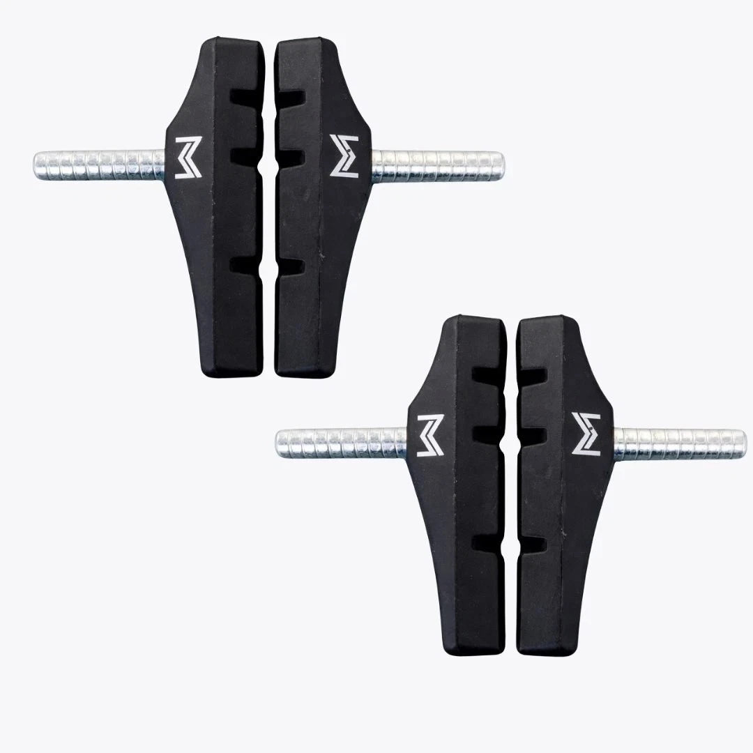 Cantilever Bremsbeläge 72 mm – Zwei schwarze asymmetrische Bremsschuhe mit Bolzen
