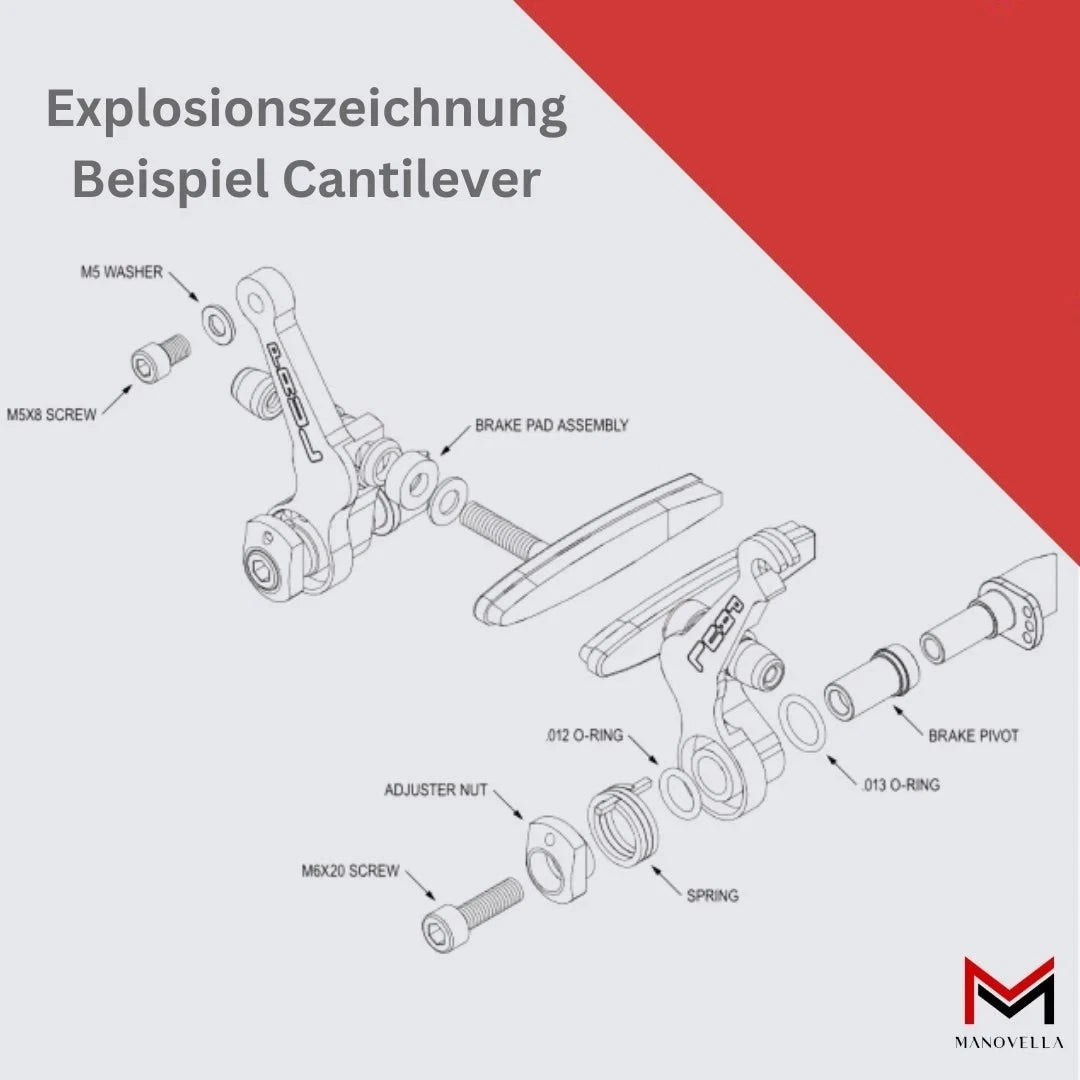 Cantilever Bremsbeläge 72 mm – Explosionszeichnung einer Cantilever-Bremse